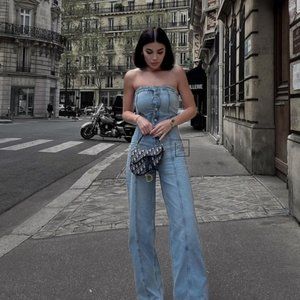 ZARA TRF STRAPLESS DENIM JUMPSUIT